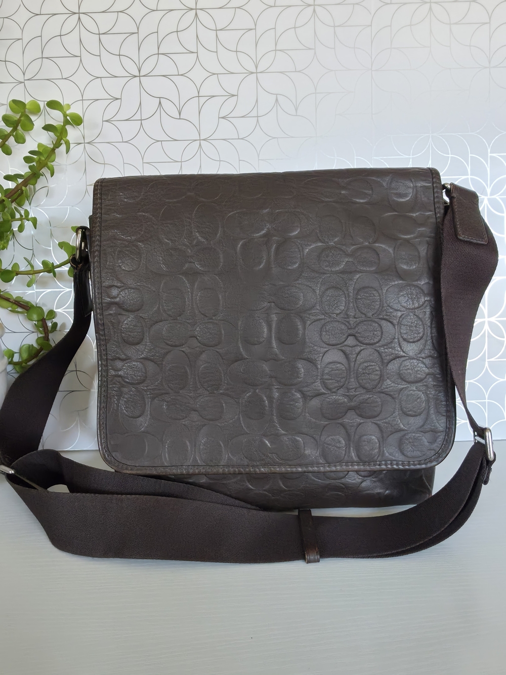 Coach Embossed Signature Messenger Bag - Dark Brown